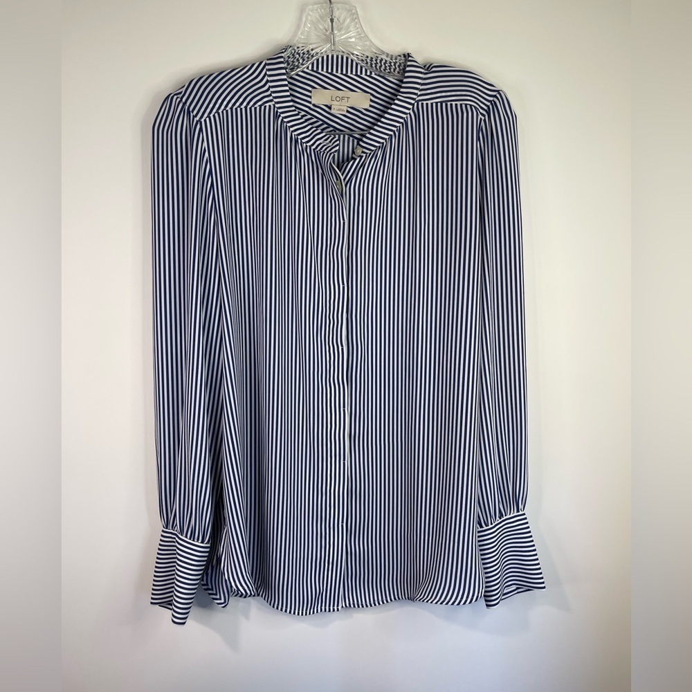 Loft long sleeve button down striped blouse in blue and white .